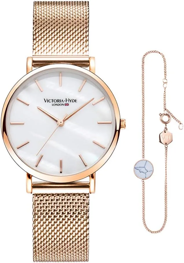 VICTORIA HYDE Rose Gold Watches for Women Analog Quartz Stainless Steel Mesh Band Casual Ladies Wristwatch with Bracelet Sets
