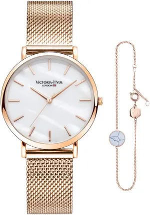 VICTORIA HYDE Rose Gold Watches for Women Analog Quartz Stainless Steel Mesh Band Casual Ladies Wristwatch with Bracelet Sets