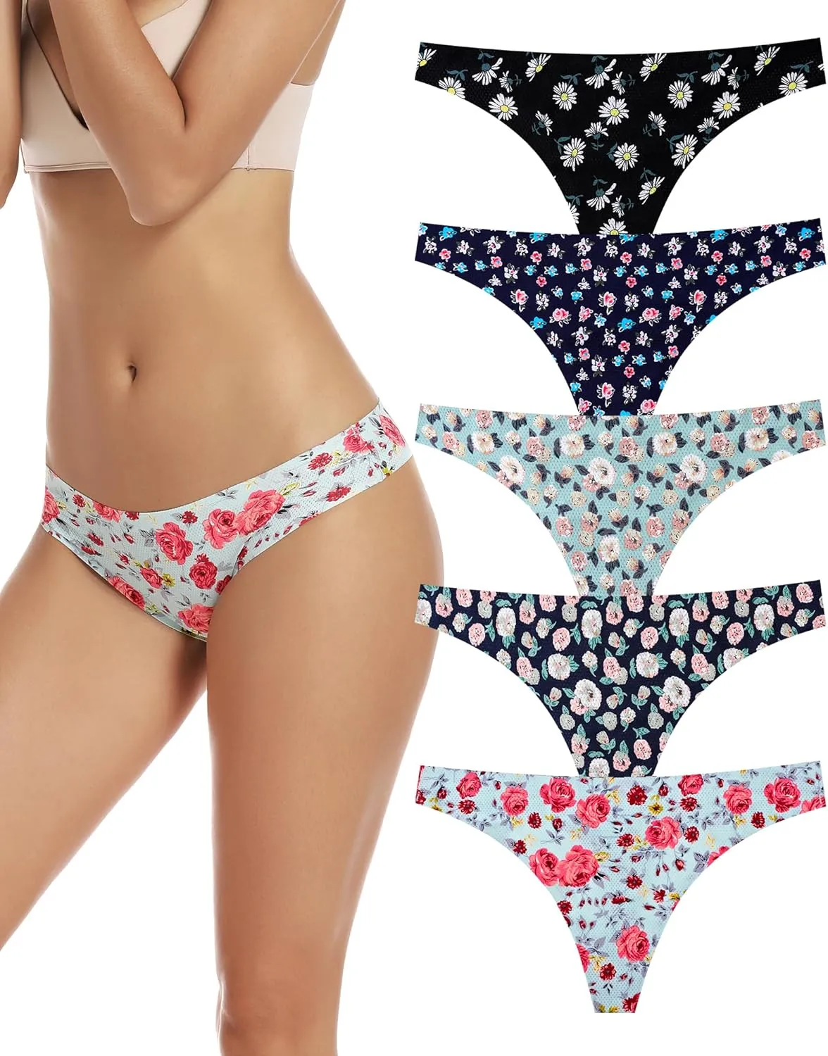voenxe Seamless Women Underwear Thongs,No Show Ladies Thong,No Line Workout Breathable Comfortable Panties,Soft Undies,5-Pack