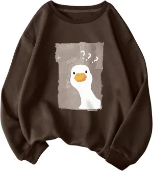 WDIRARA Women's Cartoon Duck Printed Crew Neck Sweatshirt Graphic Long Sleeve Loose Pullover