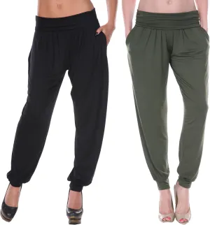 white mark Women's 2-PC Pack Harem Jogger Aladdin Elephant Pants with Pockets Relaxed High Waist Yoga Lounge Pants