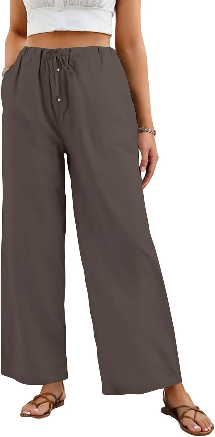 Wide Leg Linen Pants for Women Casual Summer Drawstring Waist Palazzo Pants with Pockets Beach Cover Up Trousers