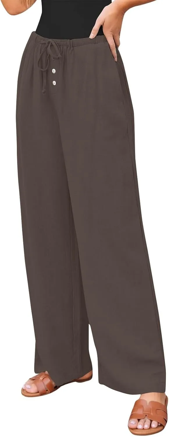 Wide Leg Linen Pants for Women Casual Summer Drawstring Waist Palazzo Pants with Pockets Beach Cover Up Trousers