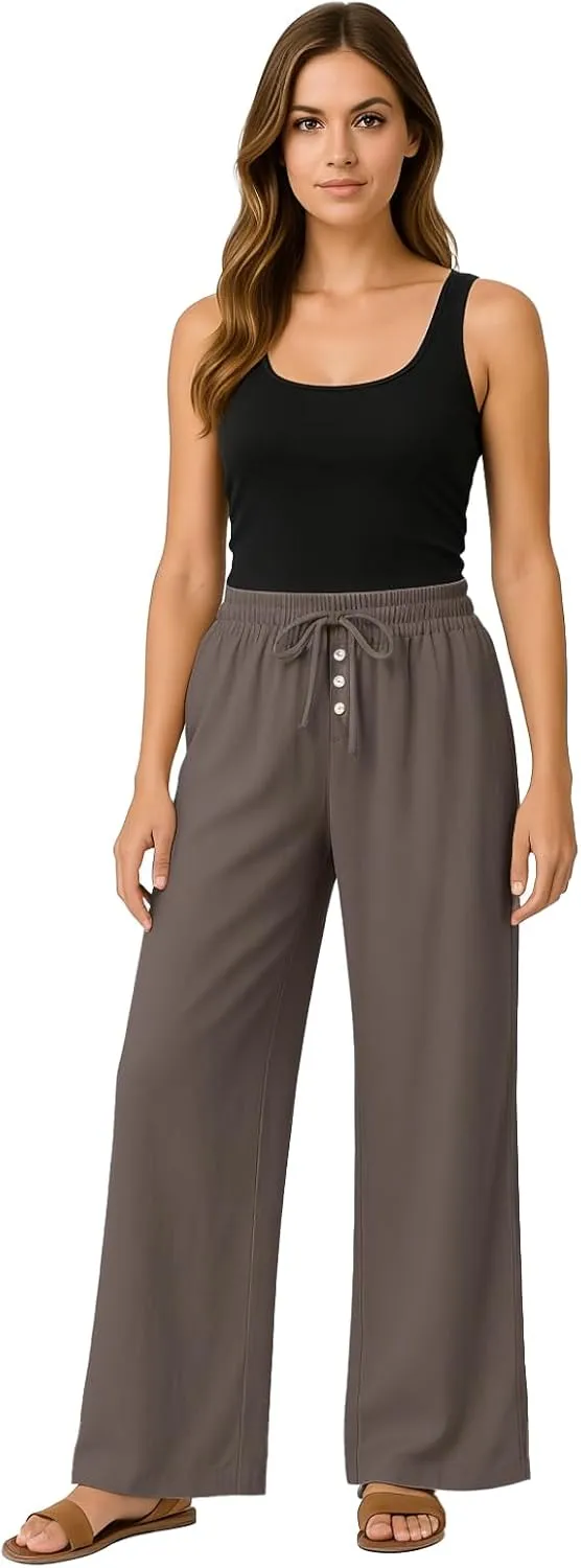 Wide Leg Linen Pants for Women Casual Summer Drawstring Waist Palazzo Pants with Pockets Beach Cover Up Trousers