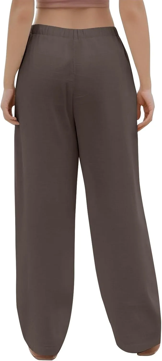 Wide Leg Linen Pants for Women Casual Summer Drawstring Waist Palazzo Pants with Pockets Beach Cover Up Trousers
