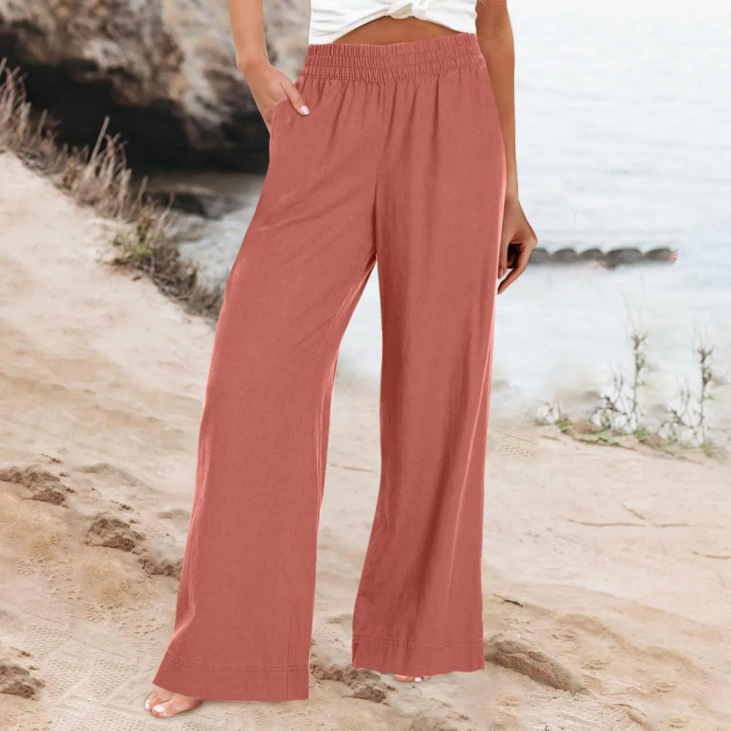 Wide Leg Linen Pants for Women Summer Boho Flowy Beach Pants Loose Fit High Waisted Casual Travel Pants with Pockets