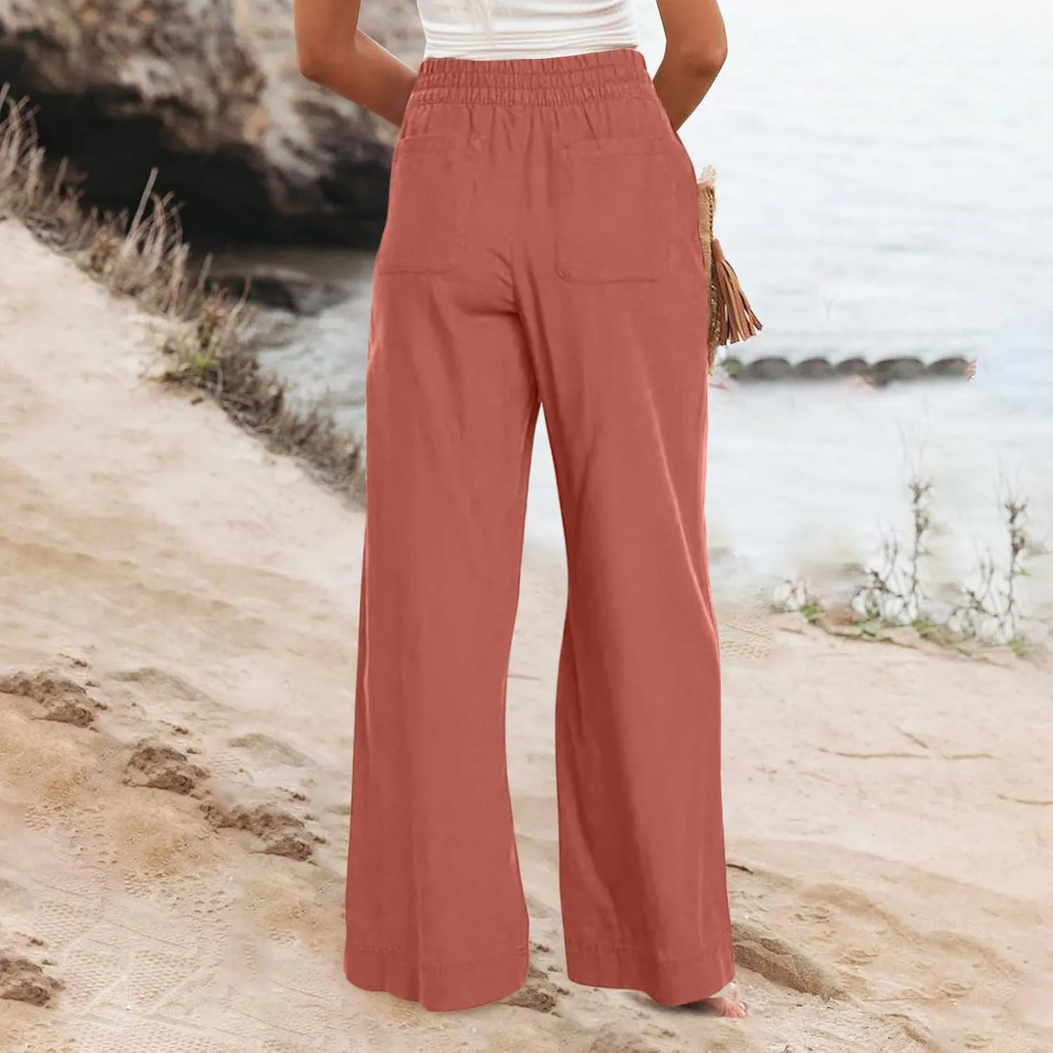 Wide Leg Linen Pants for Women Summer Boho Flowy Beach Pants Loose Fit High Waisted Casual Travel Pants with Pockets