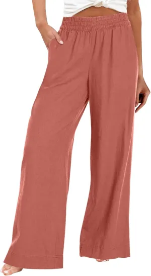 Wide Leg Linen Pants for Women Summer Boho Flowy Beach Pants Loose Fit High Waisted Casual Travel Pants with Pockets