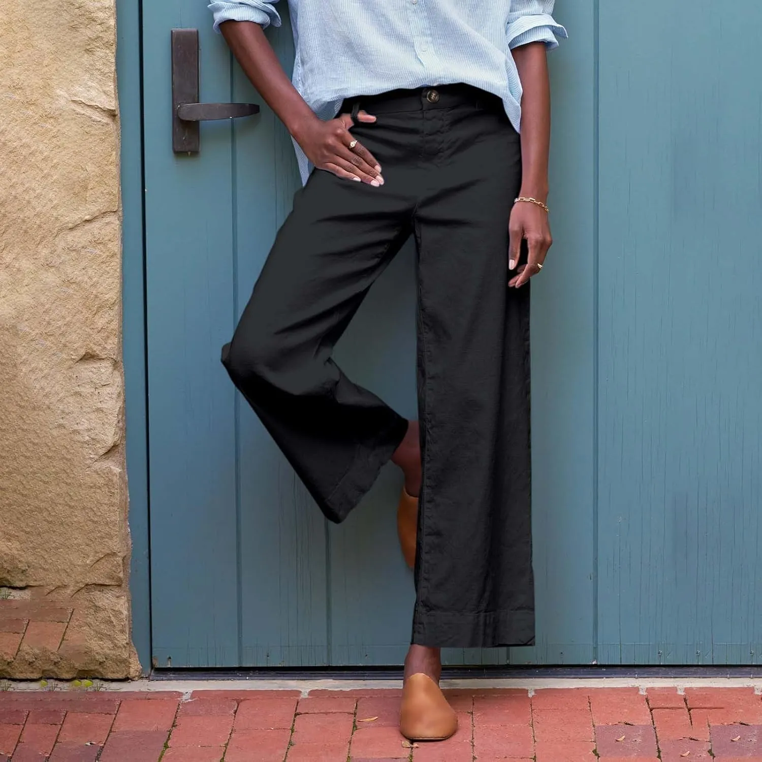 Wide Leg Linen Pants Women Cropped Elastic High Waisted Dress Pants Business Casual Comfy Work Trousers with Pockets