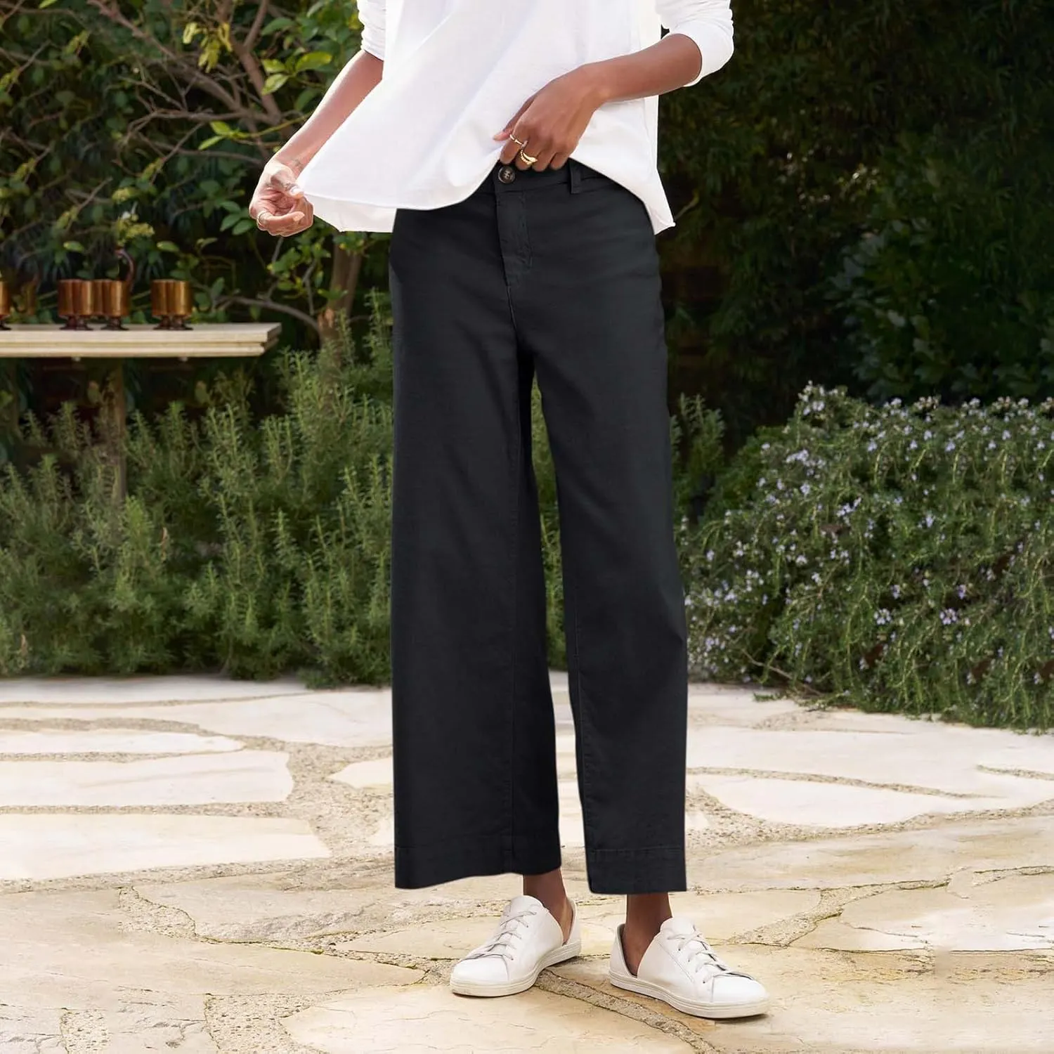 Wide Leg Linen Pants Women Cropped Elastic High Waisted Dress Pants Business Casual Comfy Work Trousers with Pockets