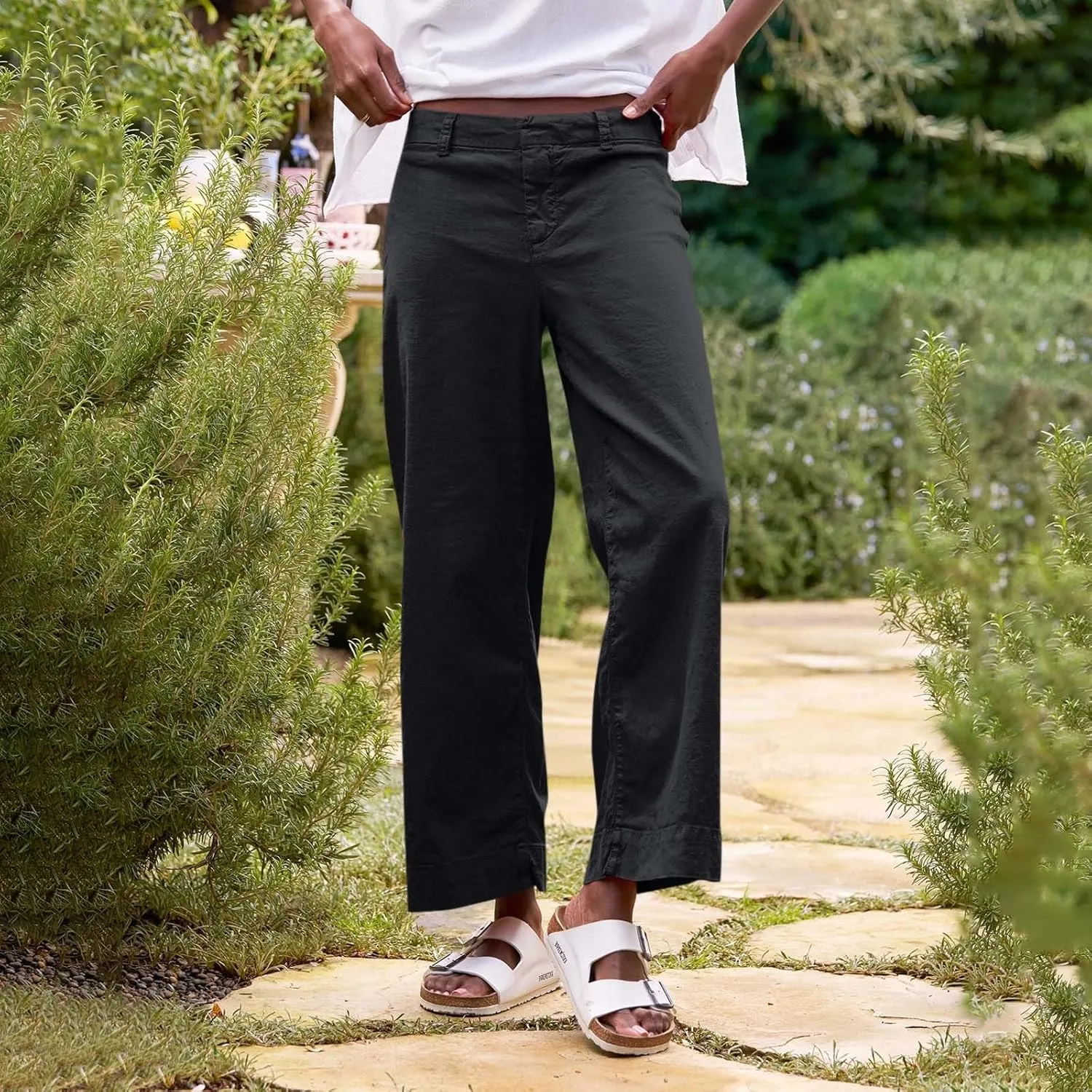 Wide Leg Linen Pants Women Cropped Elastic High Waisted Dress Pants Business Casual Comfy Work Trousers with Pockets