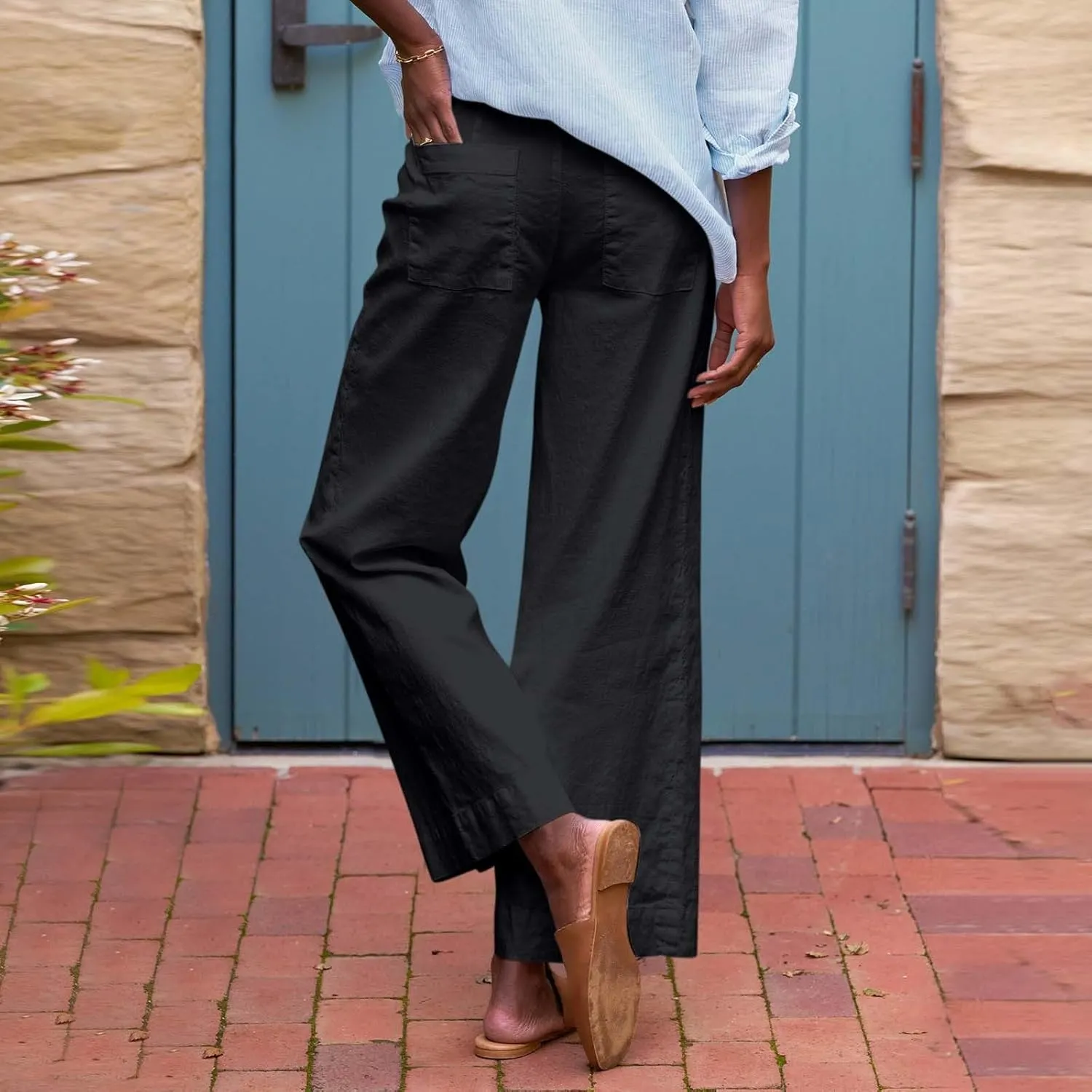 Wide Leg Linen Pants Women Cropped Elastic High Waisted Dress Pants Business Casual Comfy Work Trousers with Pockets