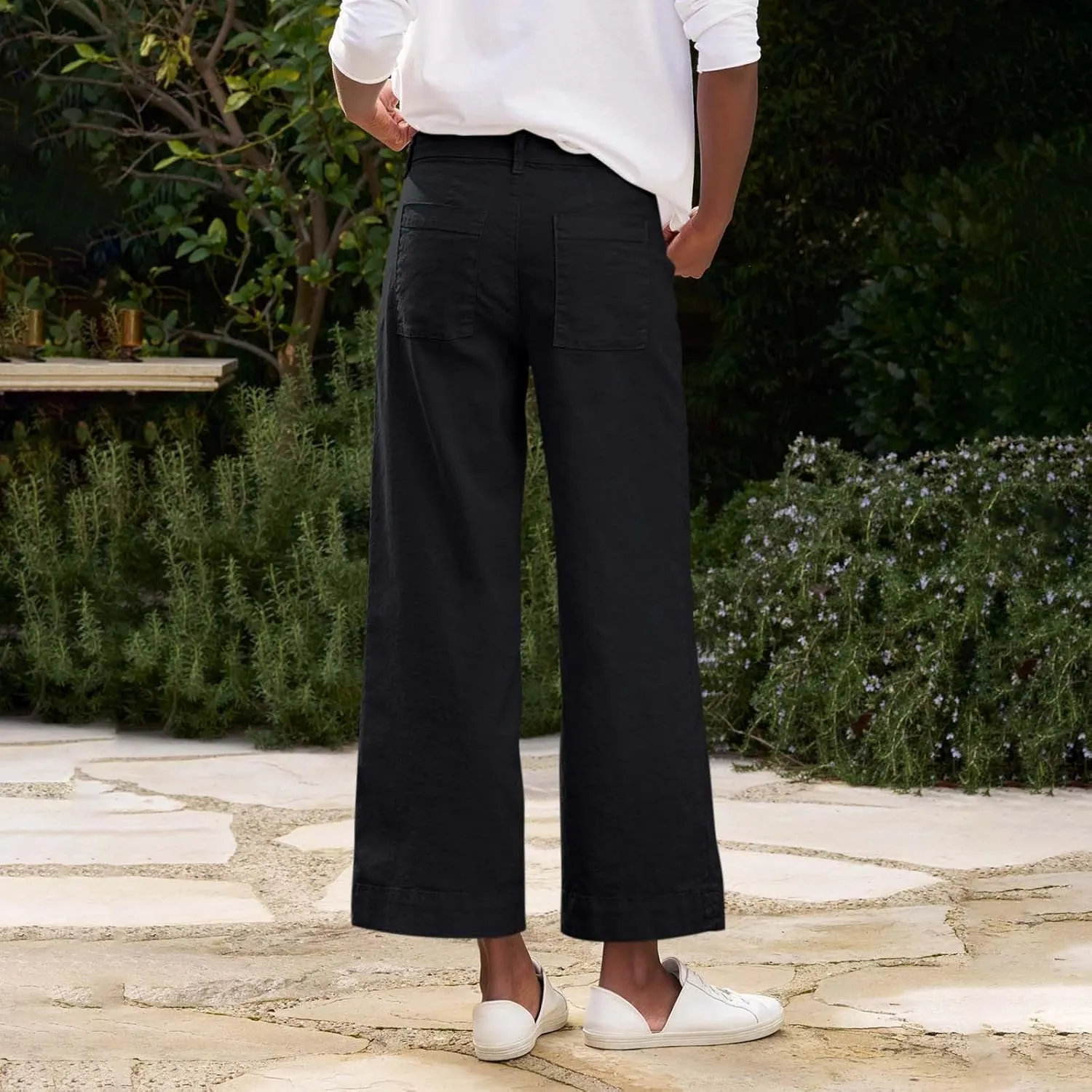 Wide Leg Linen Pants Women Cropped Elastic High Waisted Dress Pants Business Casual Comfy Work Trousers with Pockets
