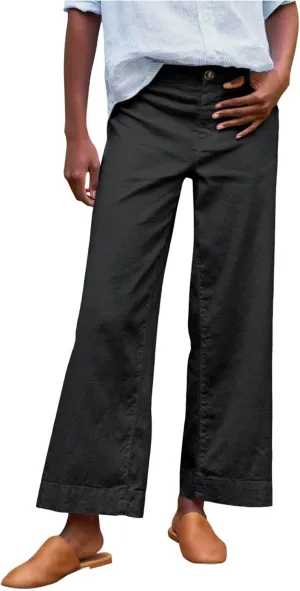 Wide Leg Linen Pants Women Cropped Elastic High Waisted Dress Pants Business Casual Comfy Work Trousers with Pockets