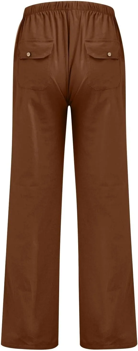 Wide Leg Palazzo Pants for Women Drawstring Elastic High Waisted Wide Leg Linen Pants Baggy Lounge Pants with Pockets