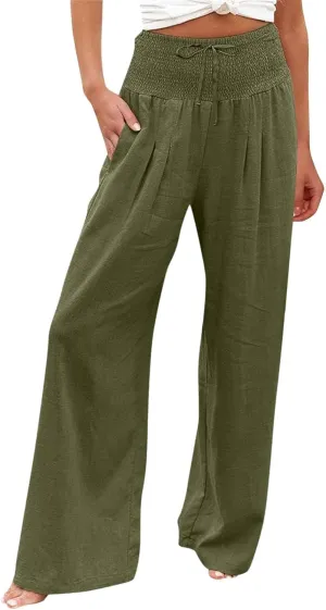 Wide Leg Pants for Women Summer High Waist Cotton Linen Pants Casual Fashion Beach Pant Solid Color Loose Trousers