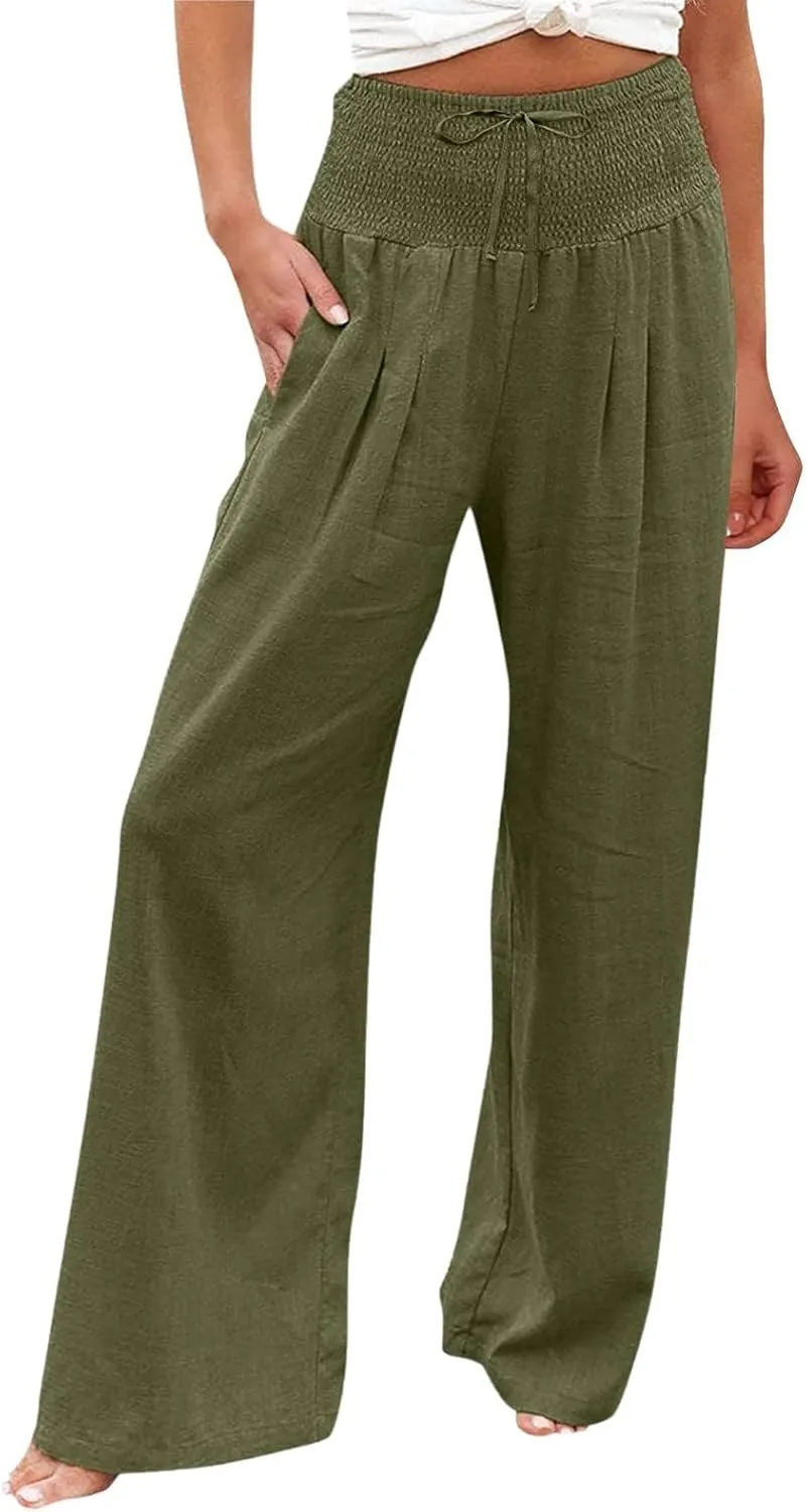 Wide Leg Pants for Women Summer High Waist Cotton Linen Pants Casual Fashion Beach Pant Solid Color Loose Trousers