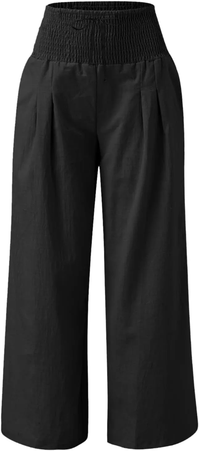 Wide Leg Pants for Women Summer High Waist Cotton Linen Pants Casual Fashion Beach Pant Solid Color Loose Trousers
