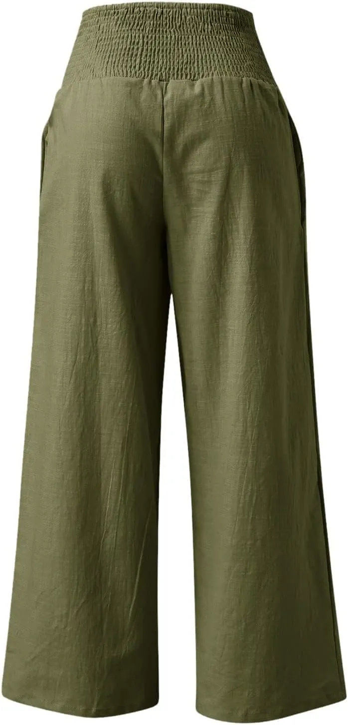 Wide Leg Pants for Women Summer High Waist Cotton Linen Pants Casual Fashion Beach Pant Solid Color Loose Trousers