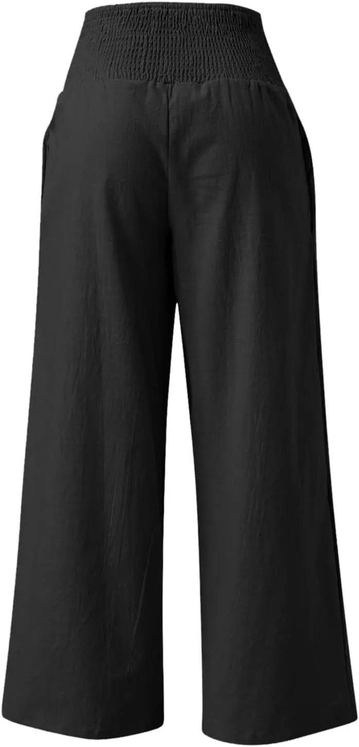 Wide Leg Pants for Women Summer High Waist Cotton Linen Pants Casual Fashion Beach Pant Solid Color Loose Trousers