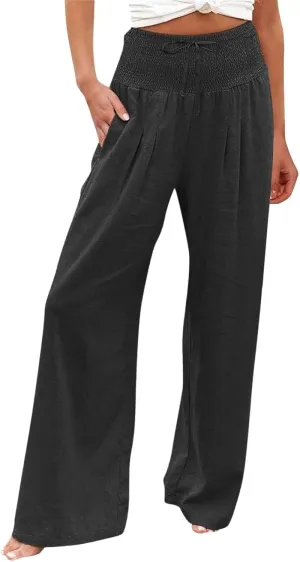 Wide Leg Pants for Women Summer High Waist Cotton Linen Pants Casual Fashion Beach Pant Solid Color Loose Trousers