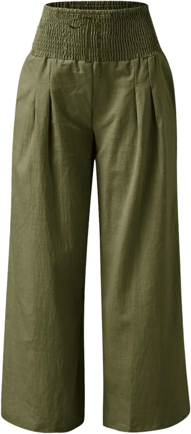 Wide Leg Pants for Women Summer High Waist Cotton Linen Pants Casual Fashion Beach Pant Solid Color Loose Trousers