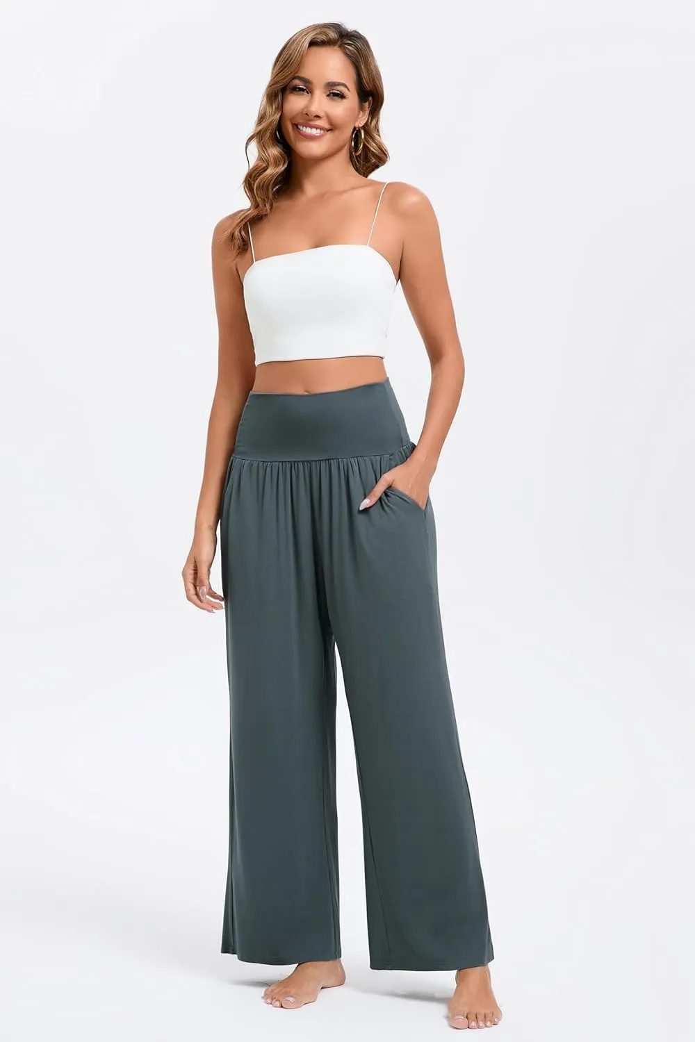 Wide Leg Yoga Pants for Women High Waisted Casual Loose Sweatpant Palazzo Lounge Spajama Flowy Pants with Pocket