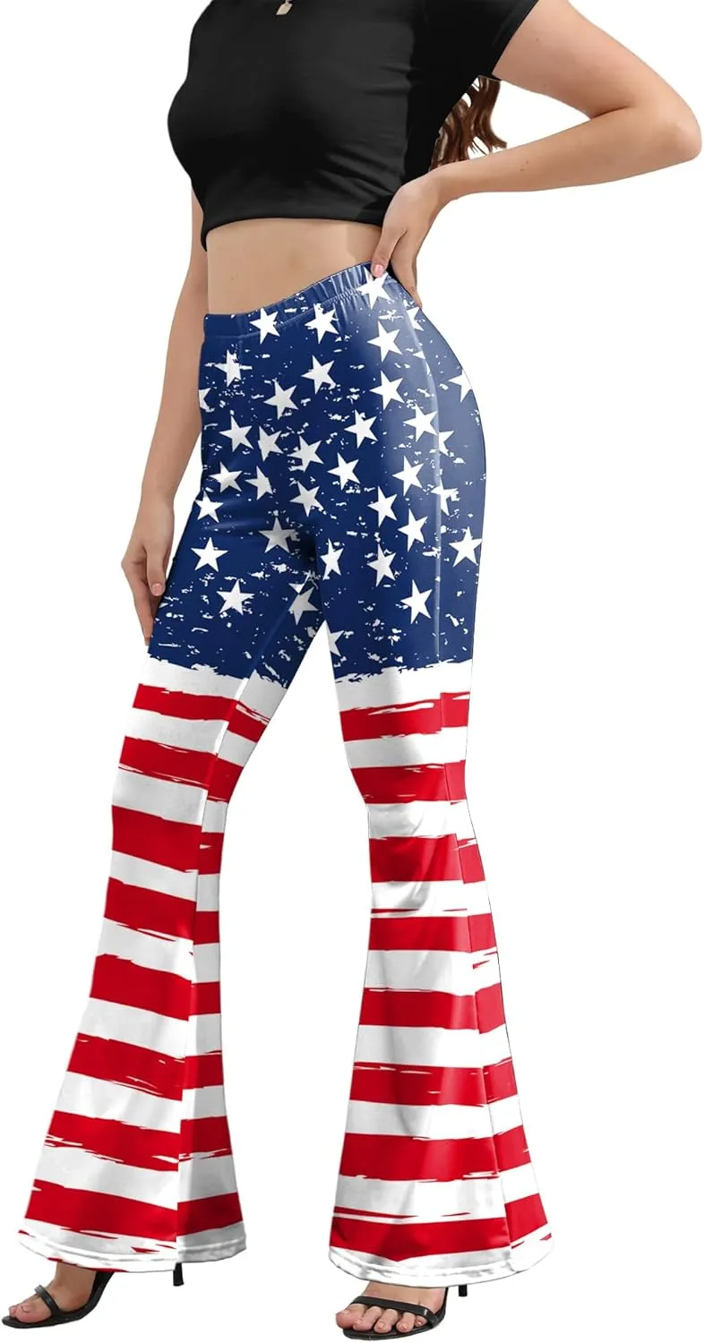 Women 4th of July Bell Bottom High Waisted Patriotic Flare Leggings Pants Print American Flag