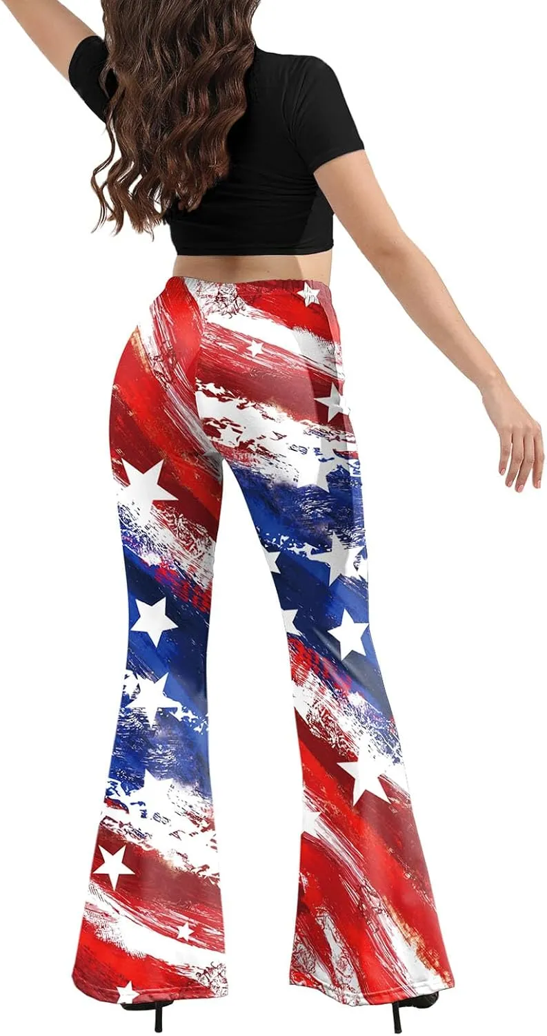 Women 4th of July Bell Bottom High Waisted Patriotic Flare Leggings Pants Print American Flag