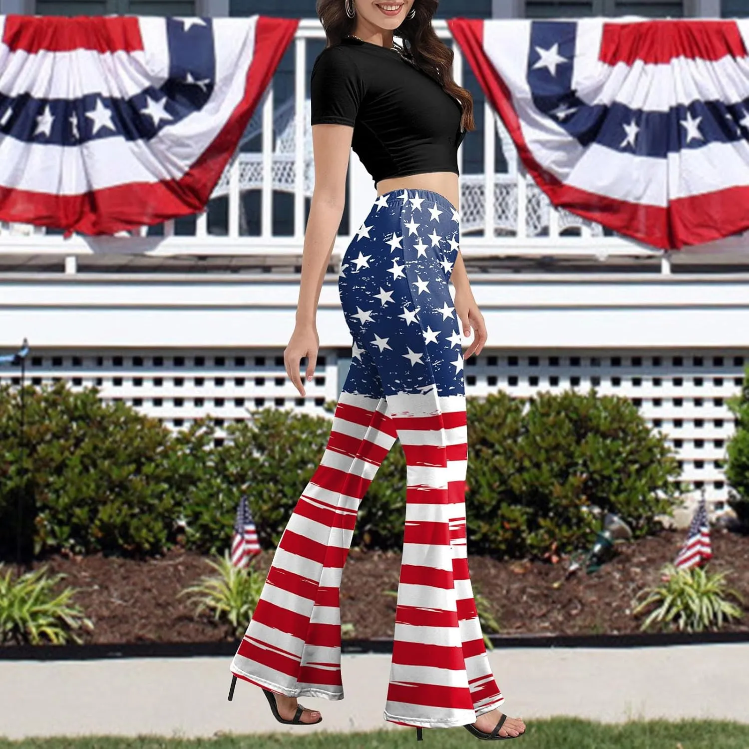 Women 4th of July Bell Bottom High Waisted Patriotic Flare Leggings Pants Print American Flag