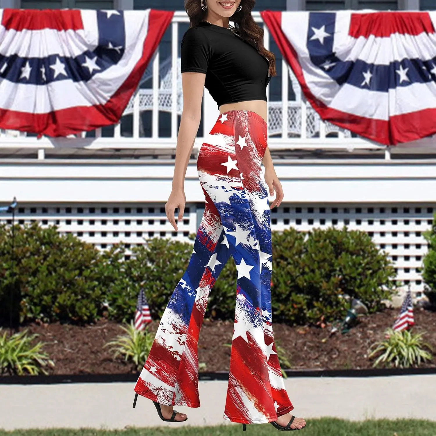 Women 4th of July Bell Bottom High Waisted Patriotic Flare Leggings Pants Print American Flag