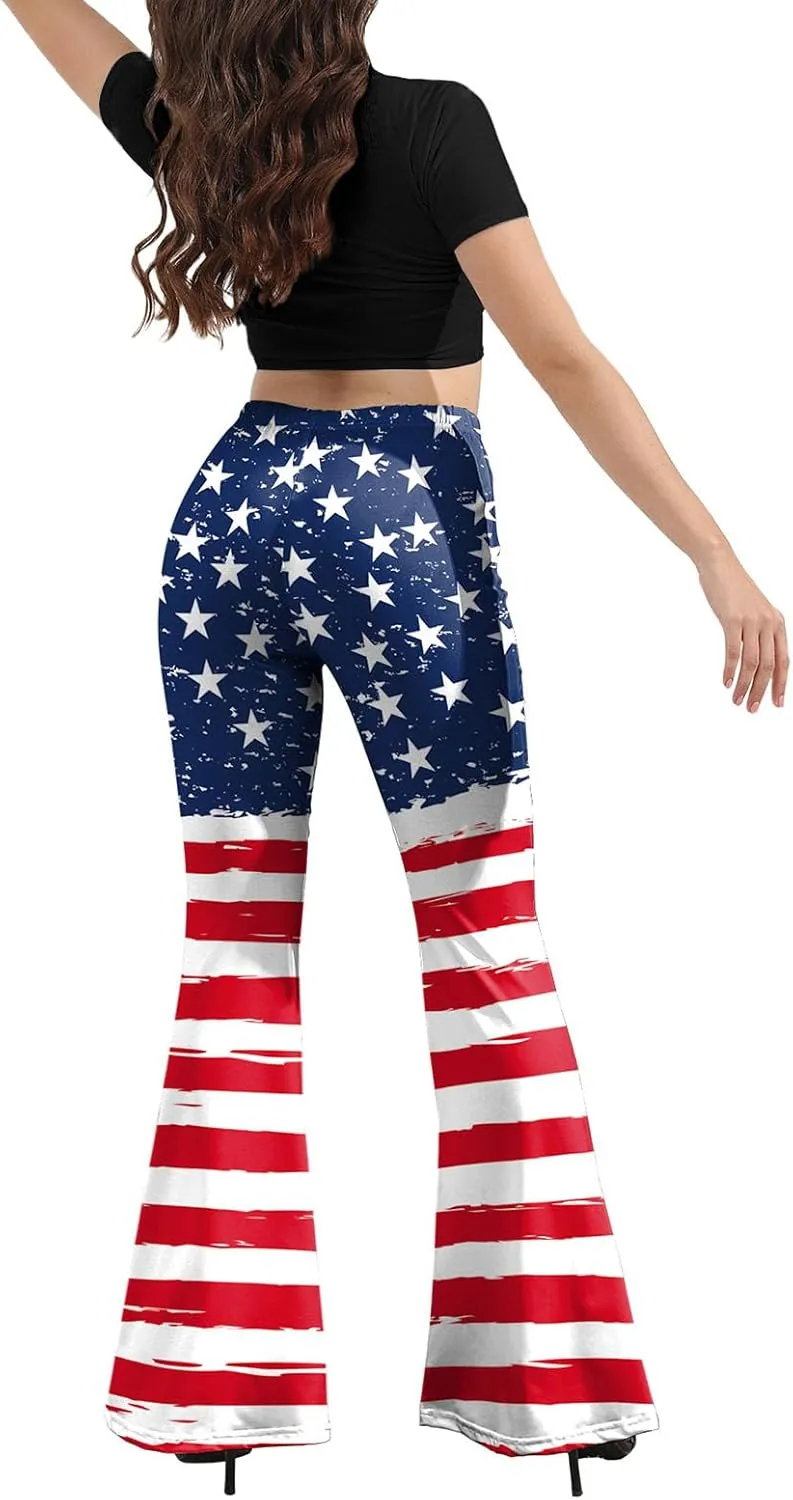 Women 4th of July Bell Bottom High Waisted Patriotic Flare Leggings Pants Print American Flag