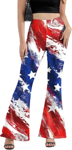 Women 4th of July Bell Bottom High Waisted Patriotic Flare Leggings Pants Print American Flag