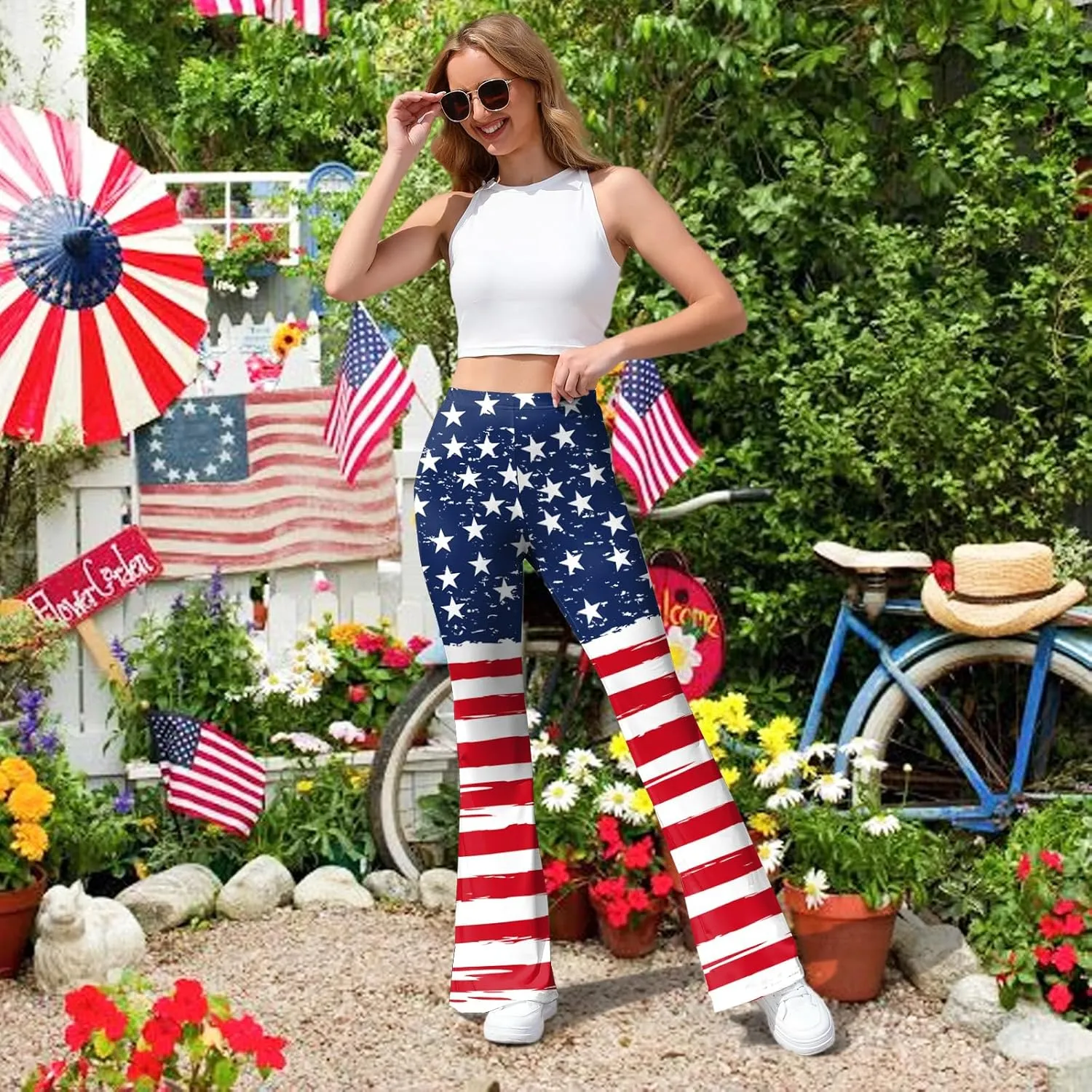 Women 4th of July Bell Bottom High Waisted Patriotic Flare Leggings Pants Print American Flag