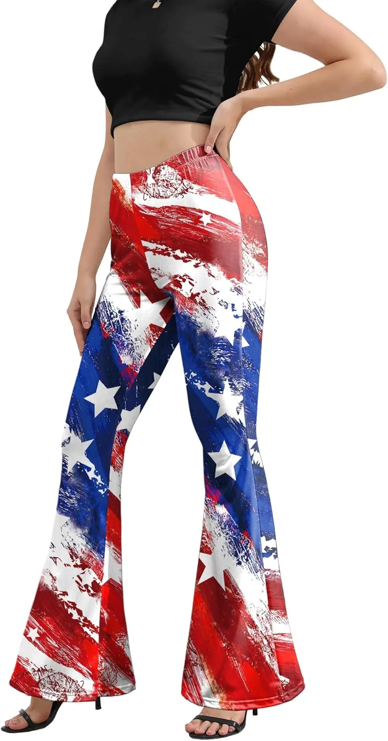 Women 4th of July Bell Bottom High Waisted Patriotic Flare Leggings Pants Print American Flag