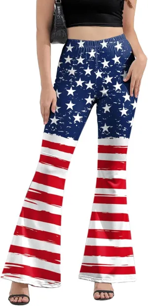 Women 4th of July Bell Bottom High Waisted Patriotic Flare Leggings Pants Print American Flag