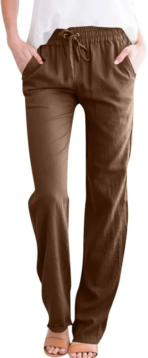 Women Cotton Linen Pants Casual Elastic Drawstring Straight Leg Pants Trousers with Pockets Summer Beach Lounge Pants