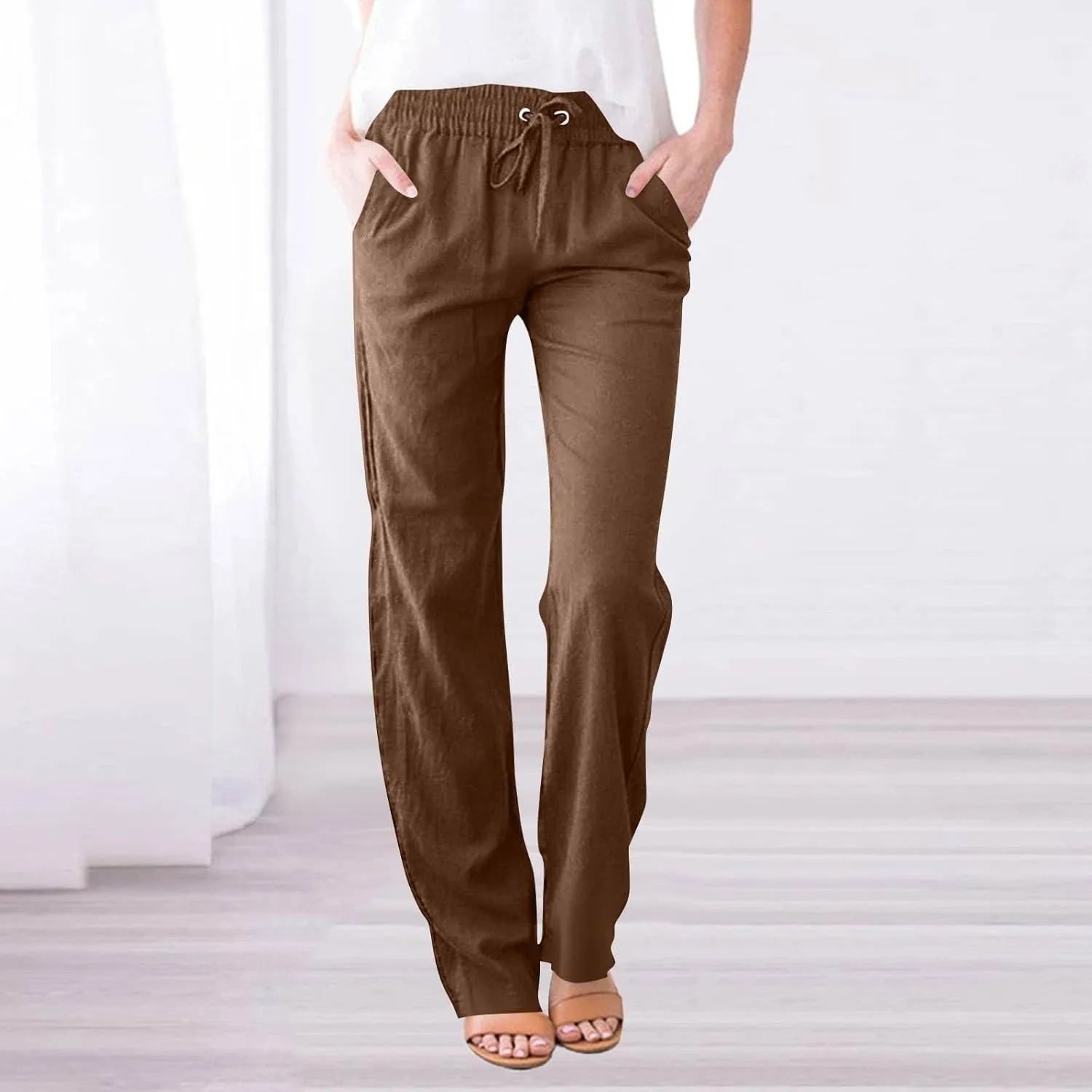 Women Cotton Linen Pants Casual Elastic Drawstring Straight Leg Pants Trousers with Pockets Summer Beach Lounge Pants