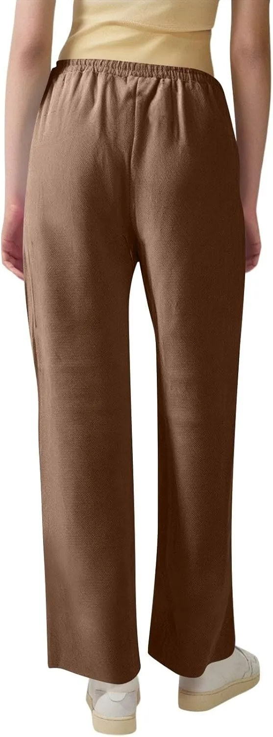 Women Cotton Linen Pants Casual Elastic Drawstring Straight Leg Pants Trousers with Pockets Summer Beach Lounge Pants