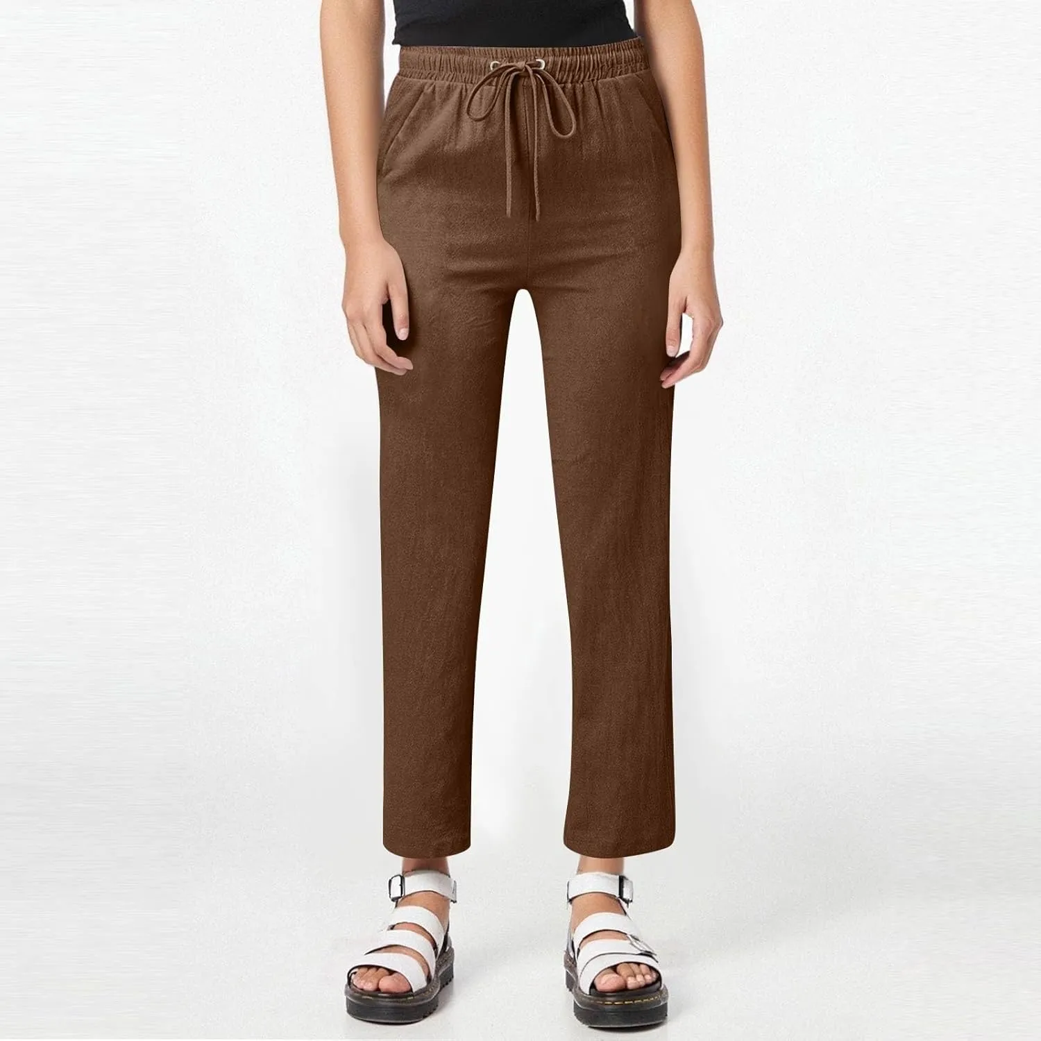 Women Cotton Linen Pants Casual Elastic Drawstring Straight Leg Pants Trousers with Pockets Summer Beach Lounge Pants