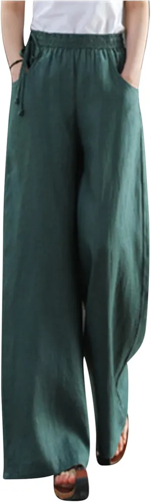 Women Cotton Linen Wide Leg Trousers High Waist Plus Size Lounge Pants Pockets Leisure Pant Causal Sweatpants