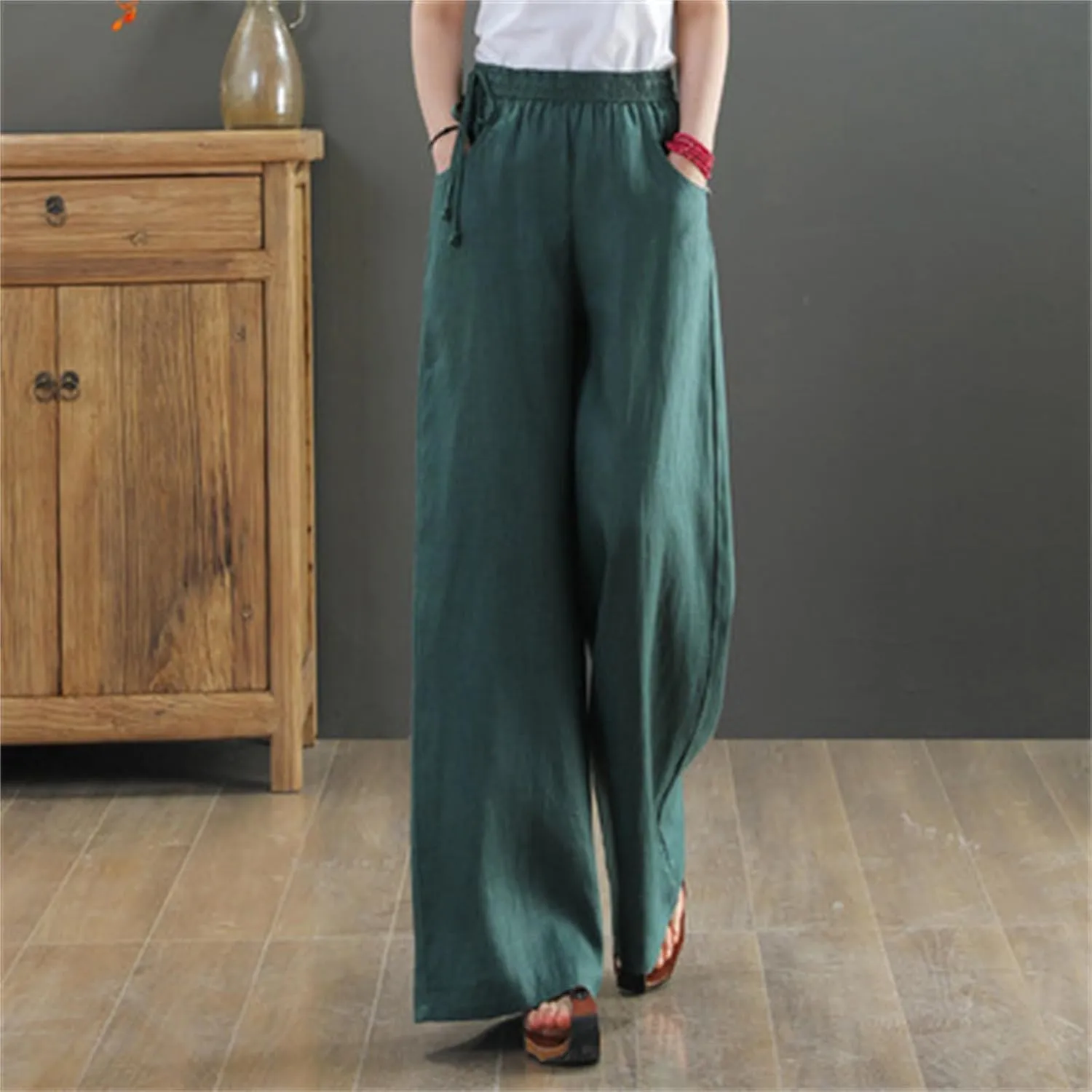 Women Cotton Linen Wide Leg Trousers High Waist Plus Size Lounge Pants Pockets Leisure Pant Causal Sweatpants
