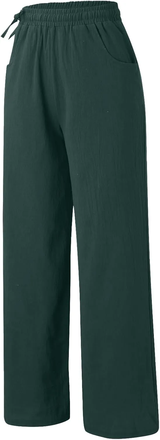 Women Cotton Linen Wide Leg Trousers High Waist Plus Size Lounge Pants Pockets Leisure Pant Causal Sweatpants