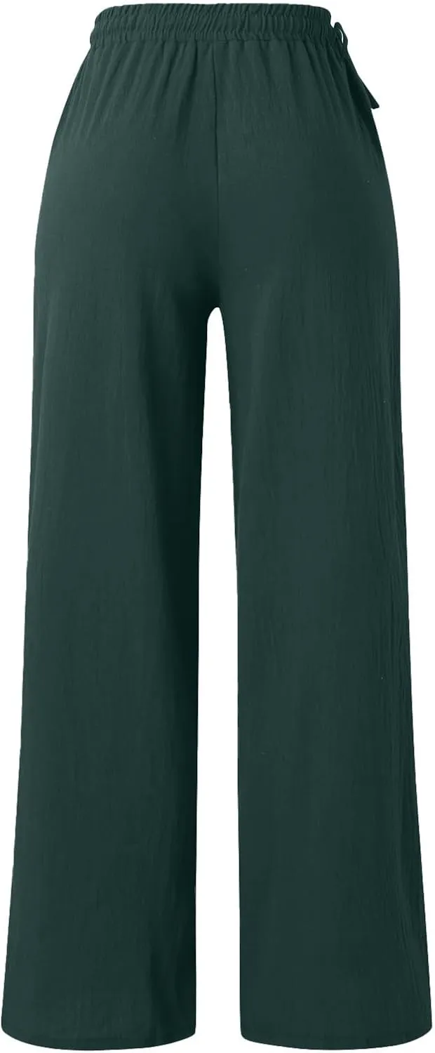 Women Cotton Linen Wide Leg Trousers High Waist Plus Size Lounge Pants Pockets Leisure Pant Causal Sweatpants