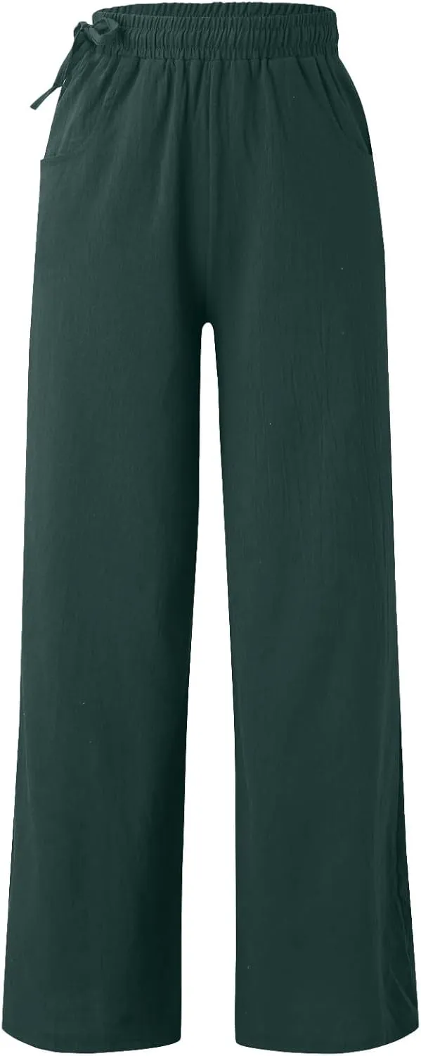 Women Cotton Linen Wide Leg Trousers High Waist Plus Size Lounge Pants Pockets Leisure Pant Causal Sweatpants