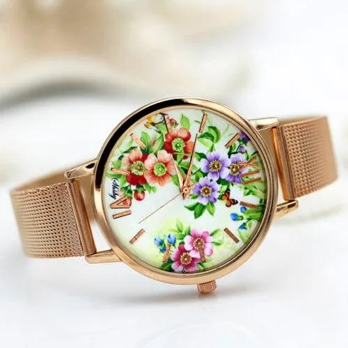 Women Dress Colourful Floral Dial Quartz Wrist Watches