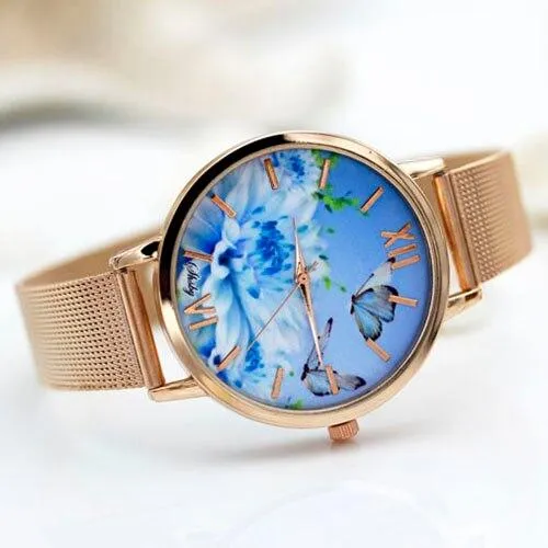 Women Dress Colourful Floral Dial Quartz Wrist Watches