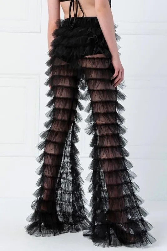 Women Layer Ruffle Tulle Long Pants High Waist See Through Mesh Flare Pants Fairy Sweet Wide Leg Trousers