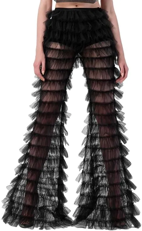 Women Layer Ruffle Tulle Long Pants High Waist See Through Mesh Flare Pants Fairy Sweet Wide Leg Trousers