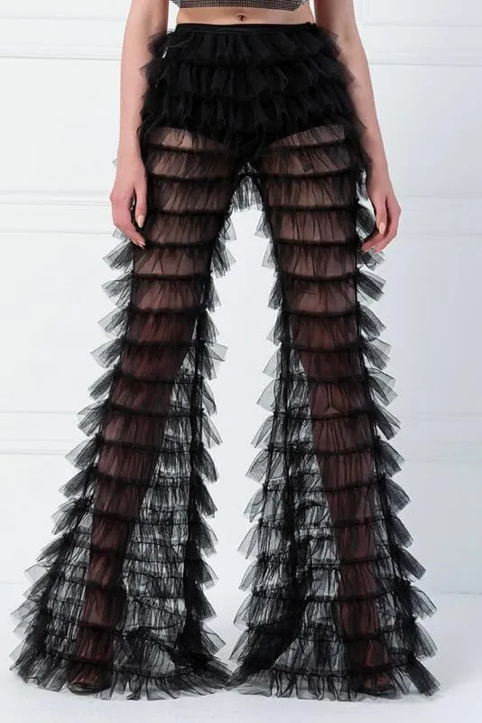 Women Layer Ruffle Tulle Long Pants High Waist See Through Mesh Flare Pants Fairy Sweet Wide Leg Trousers
